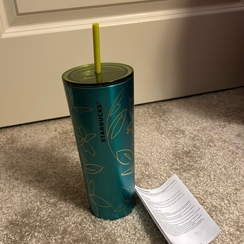Starbucks Blue Floral Shimmer Flower Art Stainless Cold Straw Tumbler Cup 24 oz